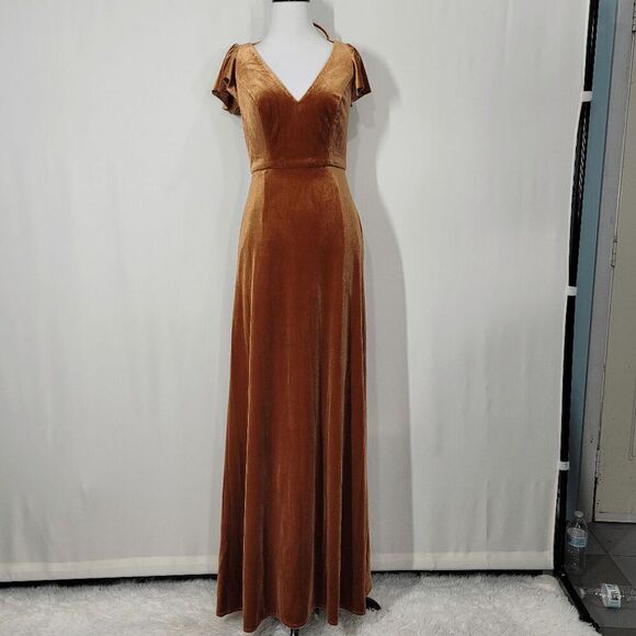 After Six Golden Almond Lux Velvet Flutter Sleeve Maxi Dress With Pockets Size 0 - Picture 1 of 10
